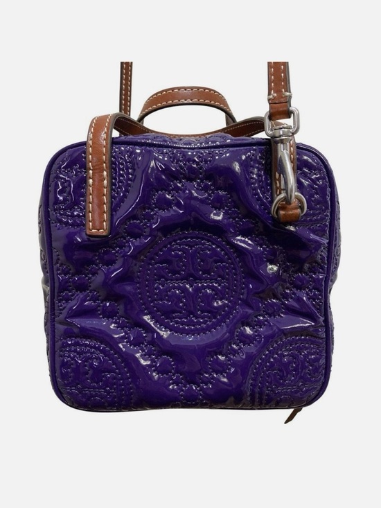 Tory Burch Handbags - Tory Burch Purple Patent Leather Embossed Crossbody with Tan Strap